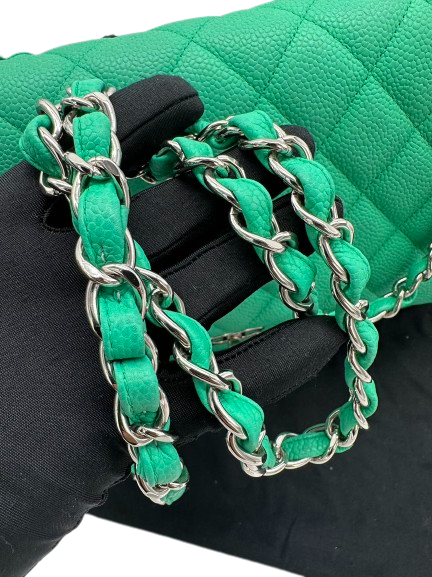 Preloved Chanel Green Quilted Caviar Jumbo Classic Double Flap Shoulder Bag