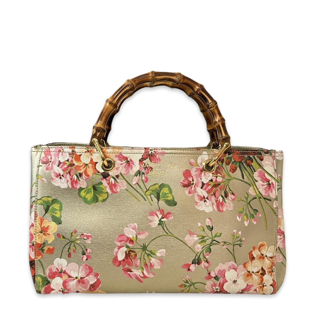 Pre-Owned Gucci Bamboo Top Handle Leather Flowers Printed Shoulder Bag