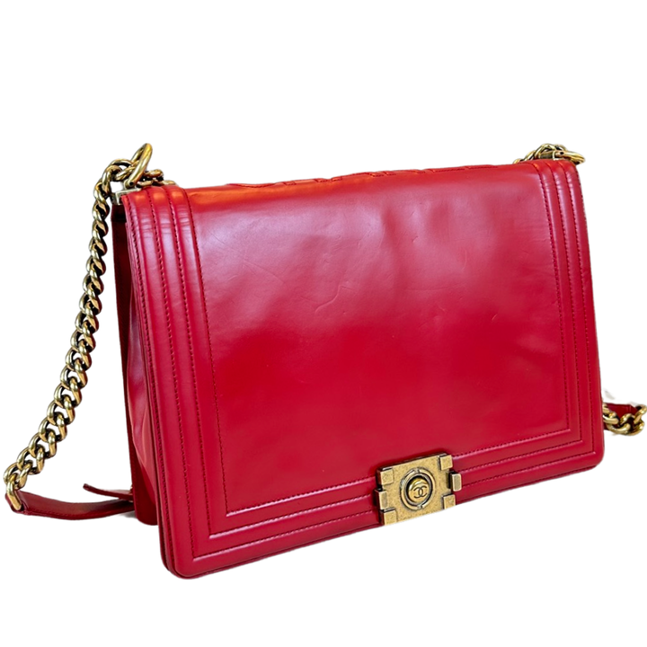 Pre-Owned Chanel Red Leather XL Boy Bag With Gold Hardware Shoulder Bag