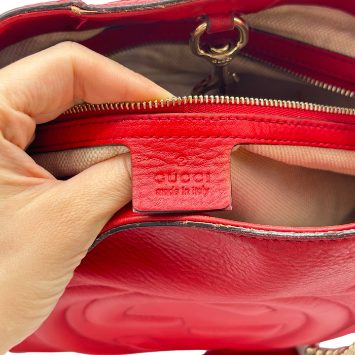 Pre-Owned Gucci GG Logo Red Leather Soho Chain Shoulder Bag Totes