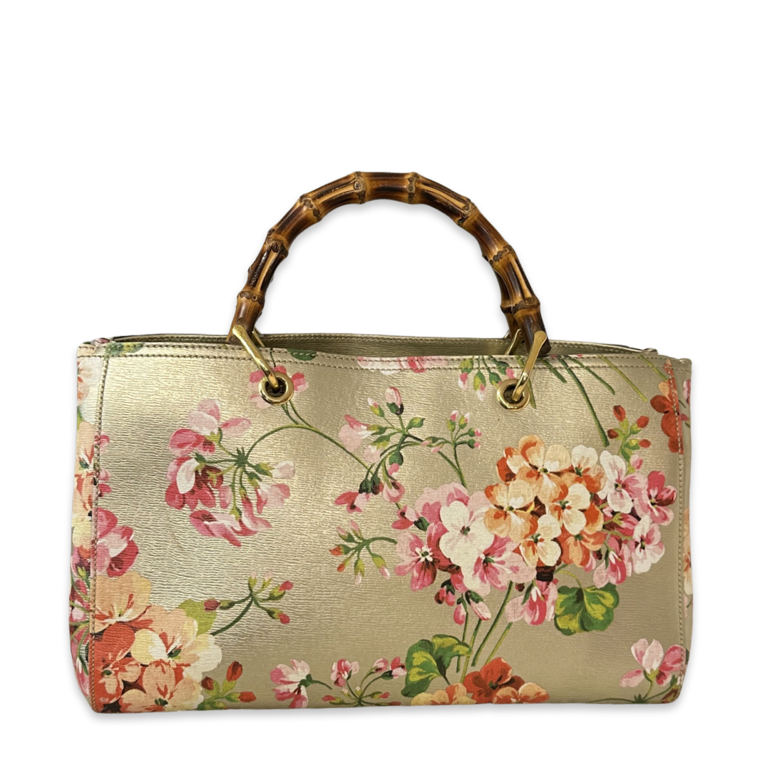 Pre-Owned Gucci Bamboo Top Handle Leather Flowers Printed Shoulder Bag