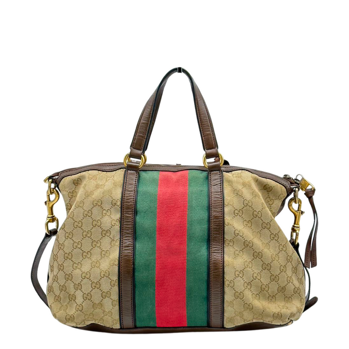 Pre-Owned Gucci GG Logo Supreme Red And Green Strip Shoulder Bag