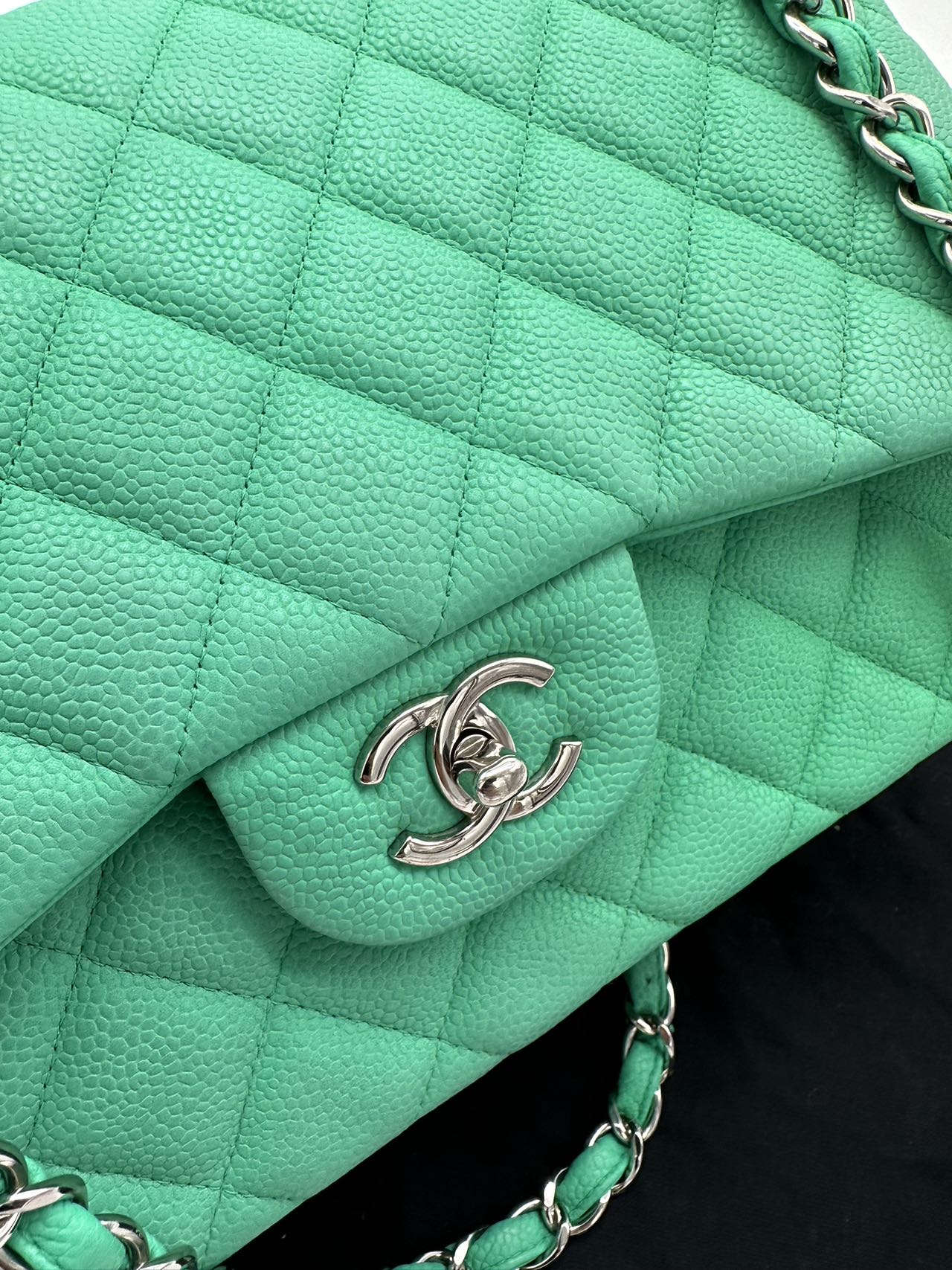 Preloved Chanel Green Quilted Caviar Jumbo Classic Double Flap Shoulder Bag