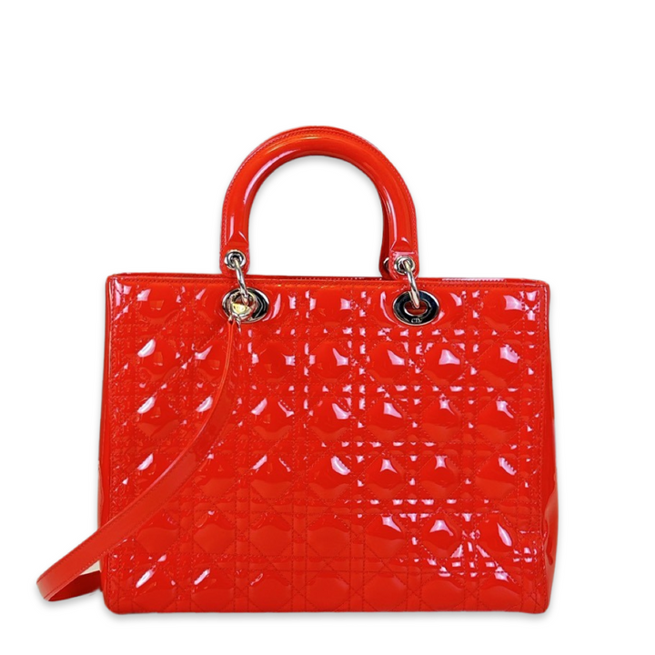 Pre-Owned Christian Dior Orange Red Patent Leather Large Lady Dior