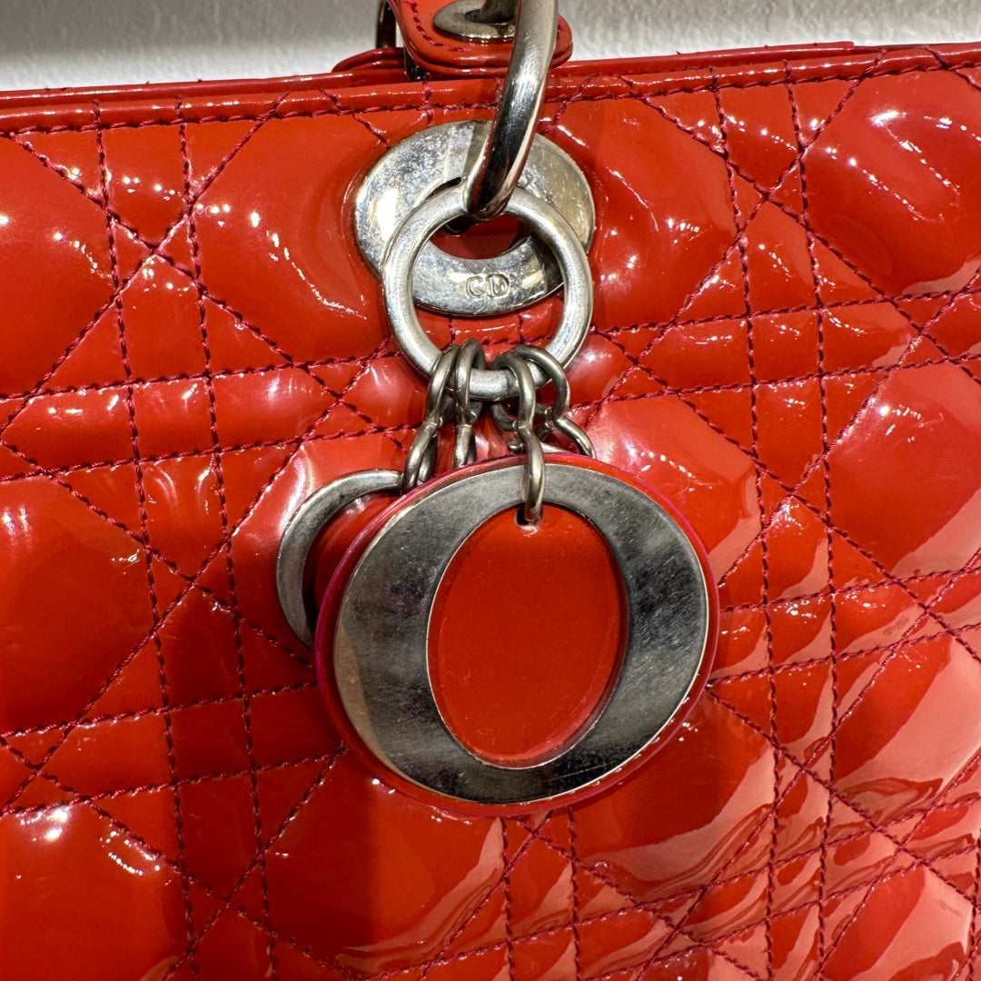Pre-Owned Dior Orange Red Patent Leather Large Lady Dior Shoulder Bag