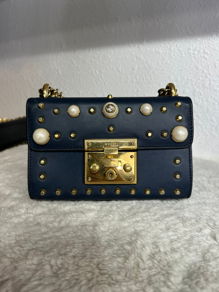 Gucci Navy Blue Pearl Small Padlock Shoulder Bag