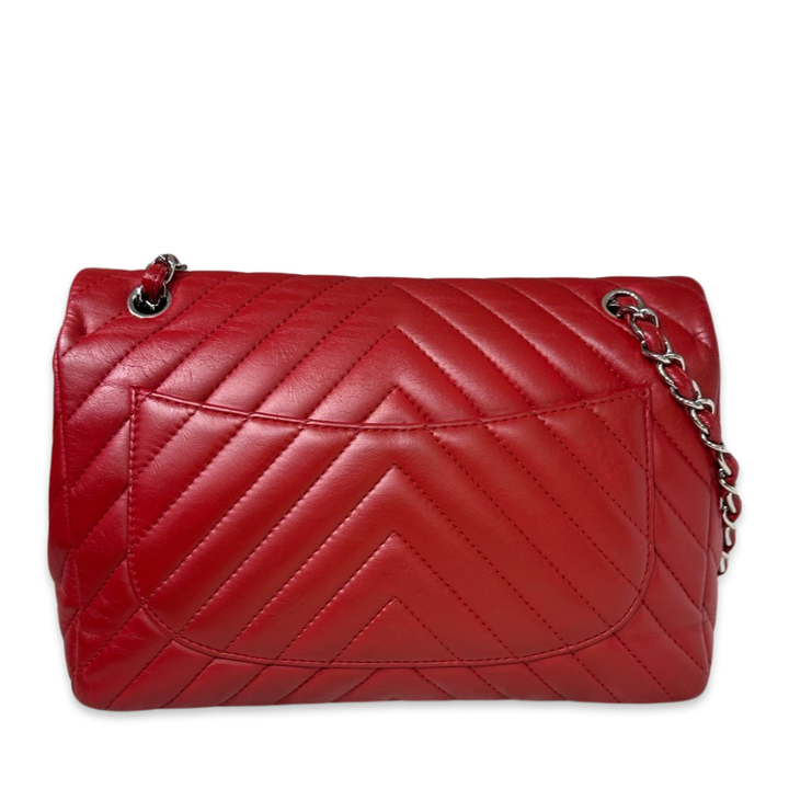 Pre-Owned Chanel Red Leather Chevron Classic Flap Shoulder Bag
