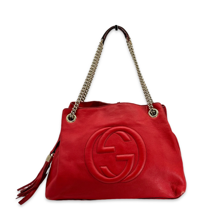 Pre-Owned Gucci GG Logo Red Leather Soho Chain Shoulder Bag Totes