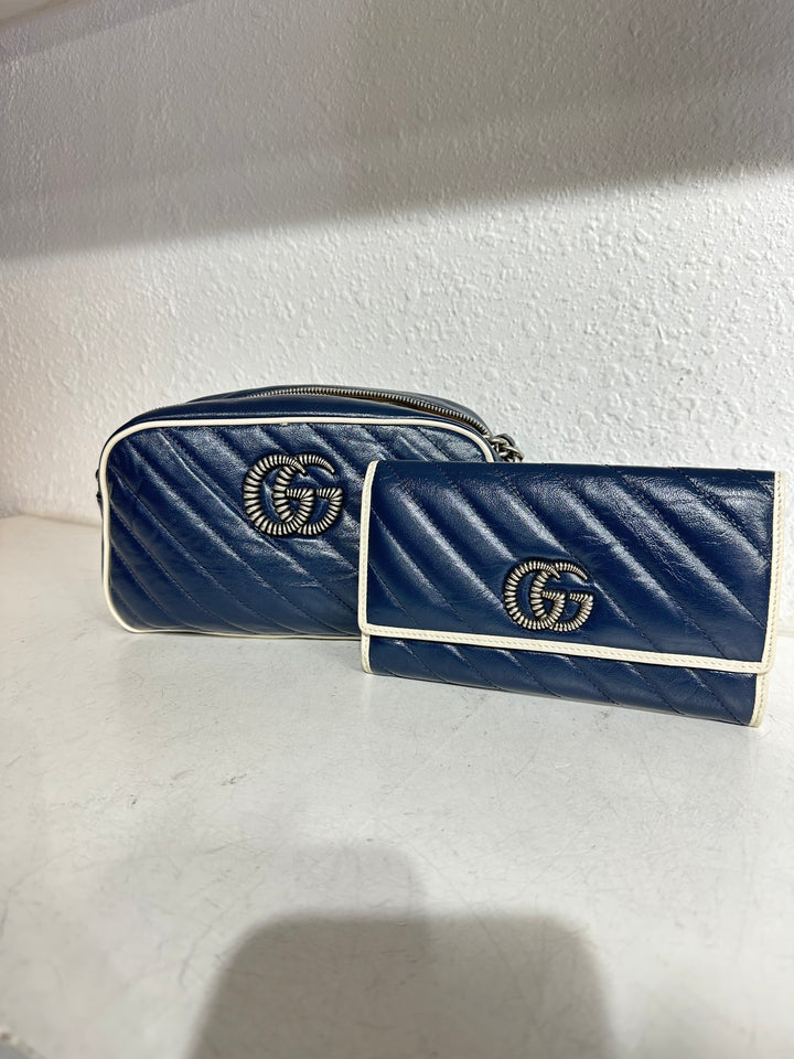 Gucci Navy Blue Marmont Set Shoulder bags and wallet