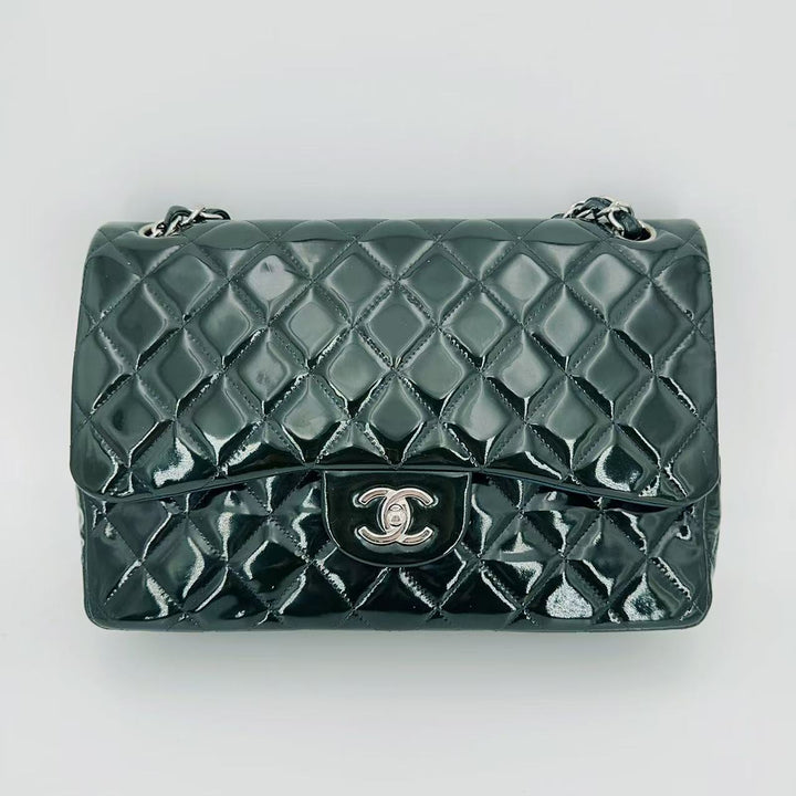 Chanel green patent leather classic flap