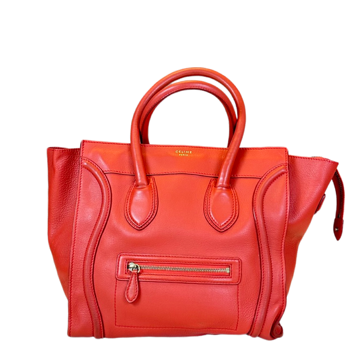 Pre-Owned Celine Orange Red Leather Mini Luggage Large Top Handle Bag