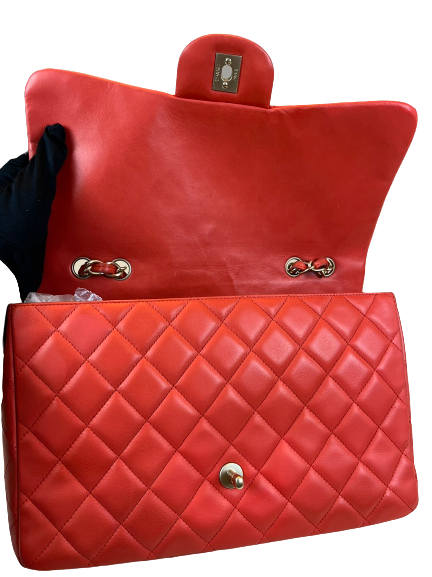 Preloved Chanel Orange Lambskin Classic Flap Jumbo Shoulder Bag