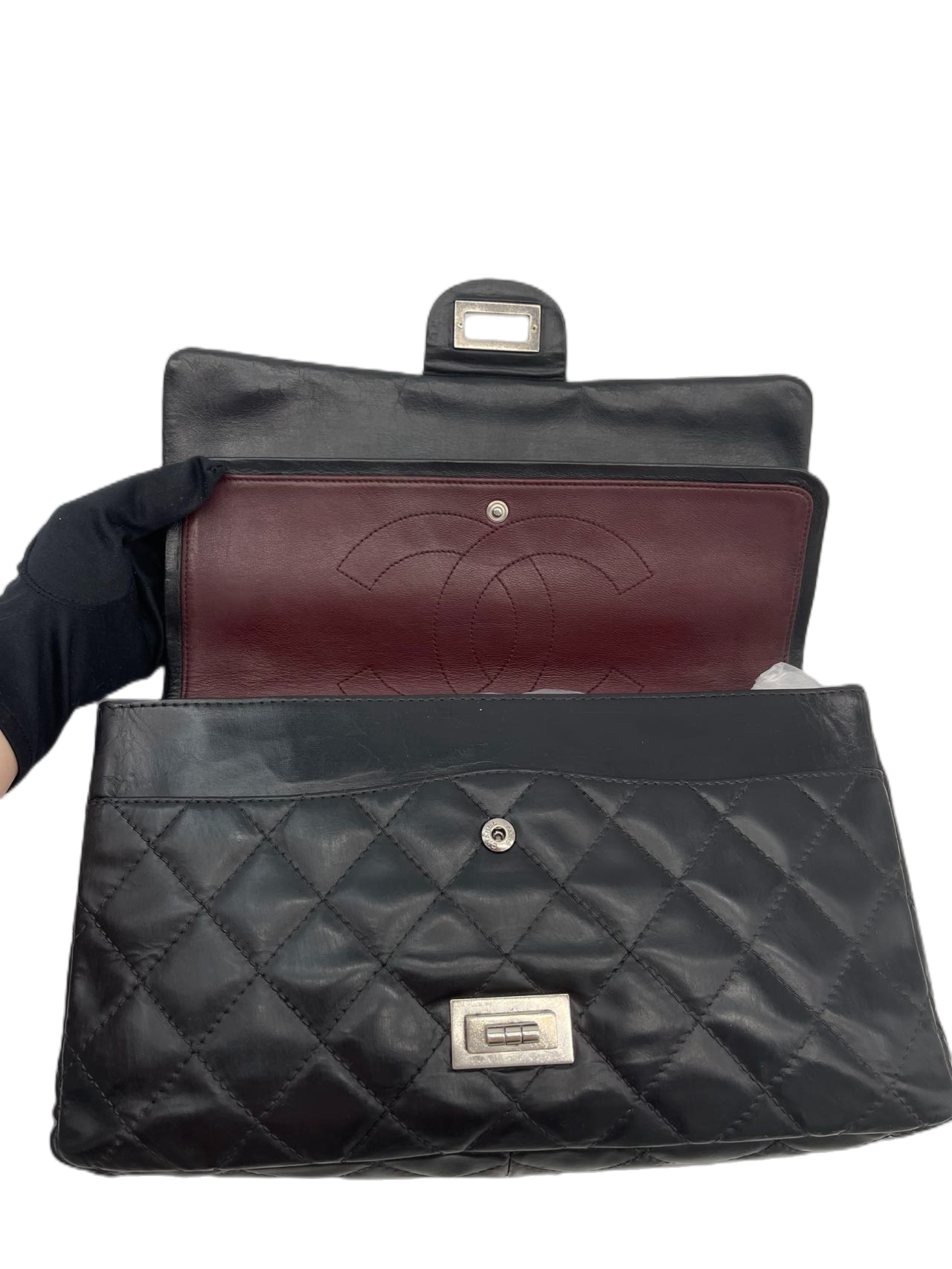 Preloved Chanel Black Leather Large Double Flap 2.55 Shoulder Bag