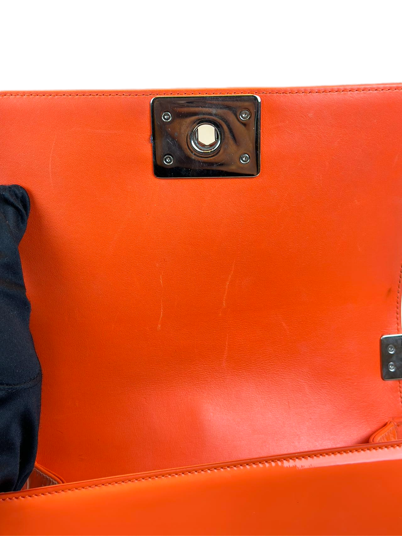 Preloved Chanel Orange Patent Leather Small Boy Bag Crossbody