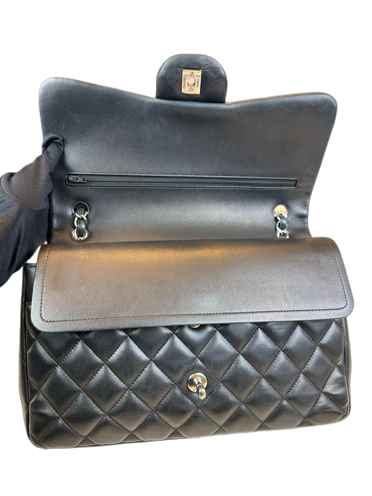 Preloved Chanel Black Leather Lambskin Double Flap Jumbo Shoulder Bag