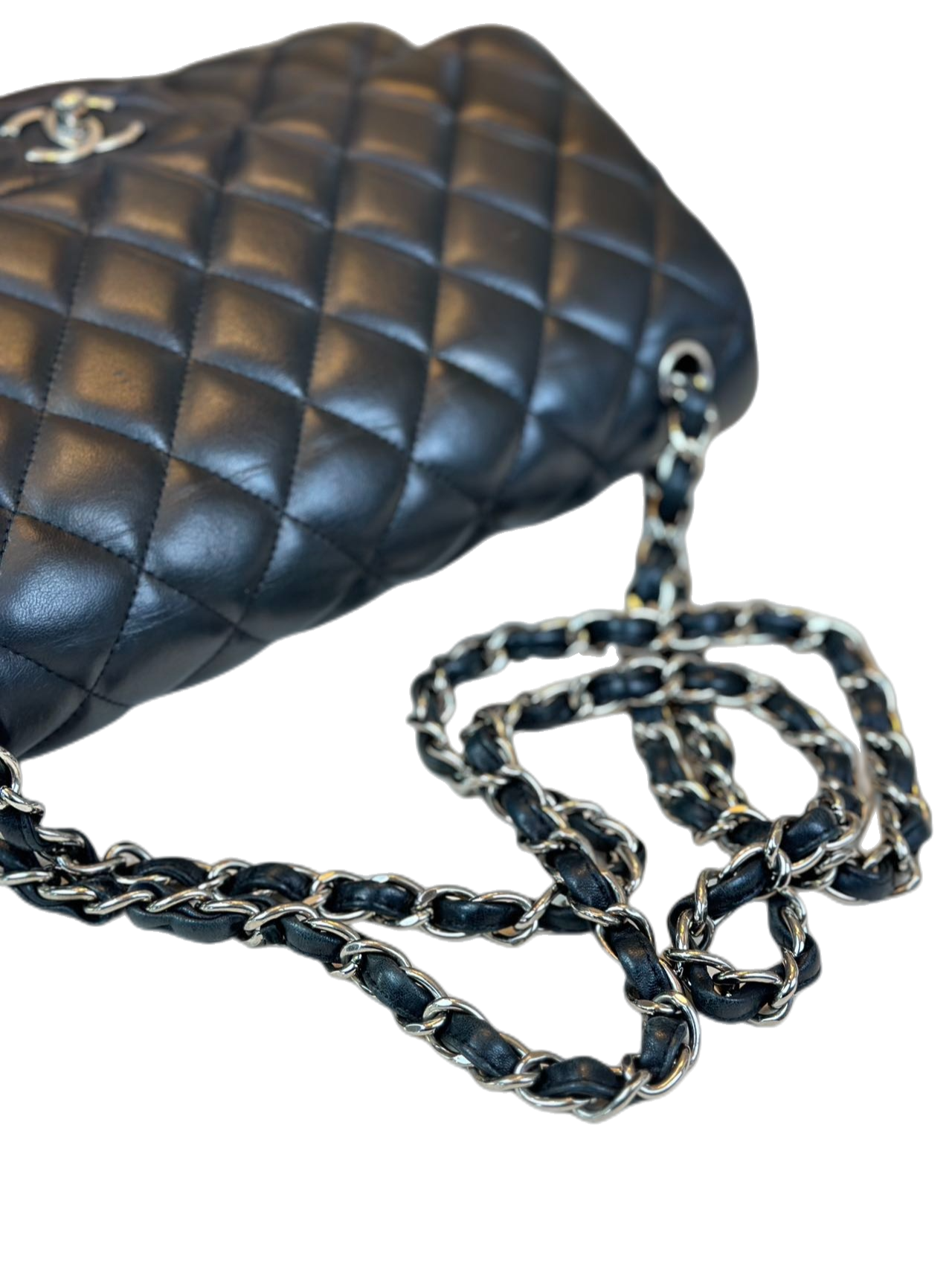 Preloved Chanel Black Leather Lambskin Double Flap Jumbo Shoulder Bag