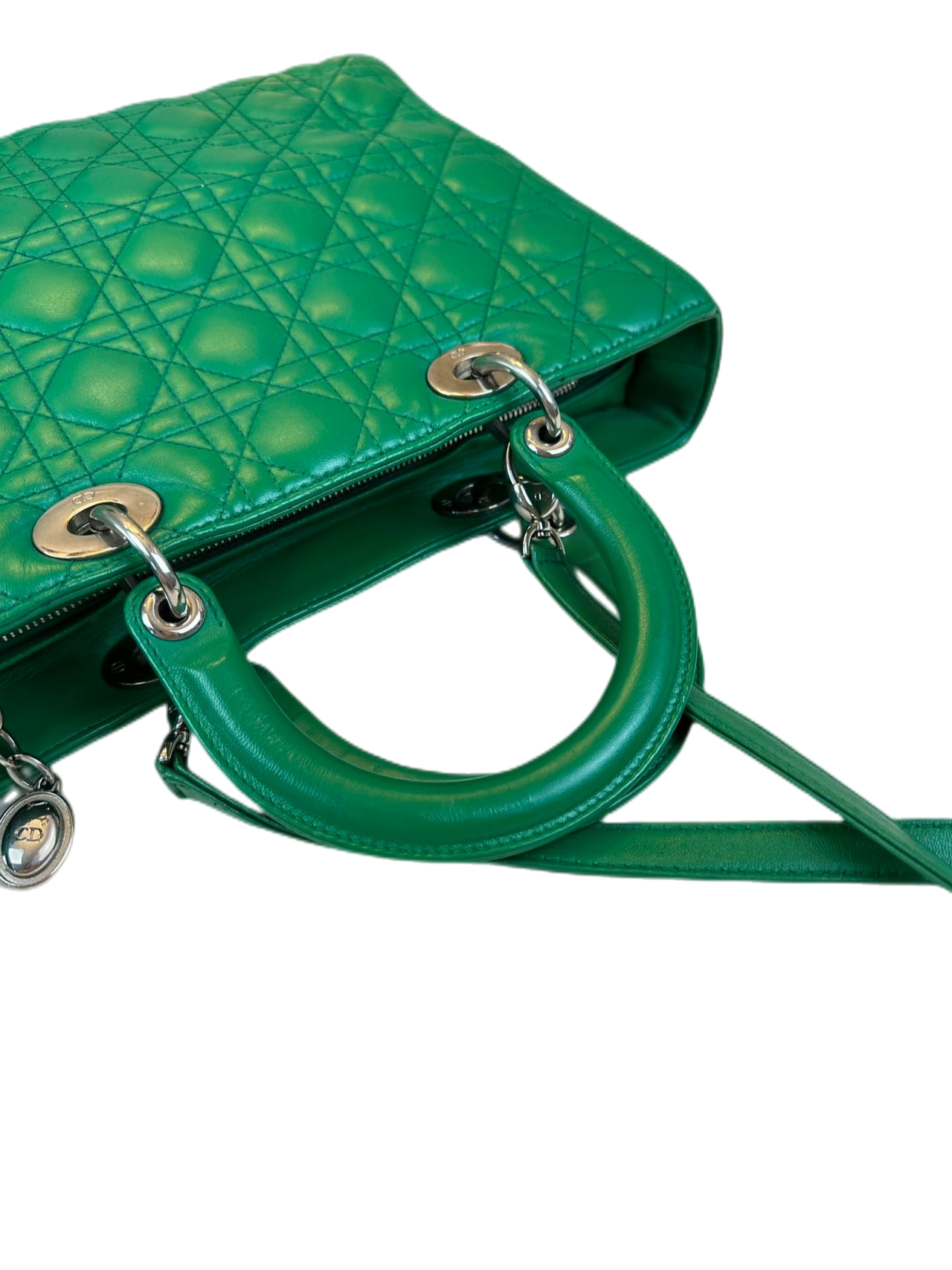 Preloved Christian Dior Green Leather Large Lady Dior Shoulder Bag