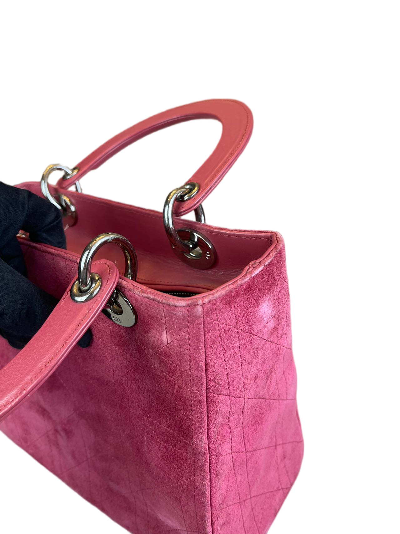 Preloved Christian Dior Pink Velvet Medium Lady Dior Satchel